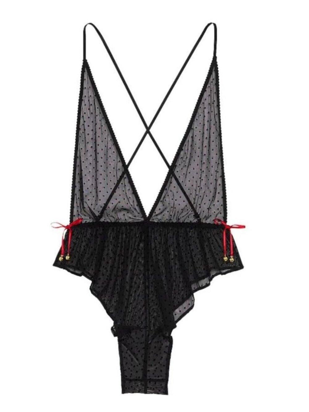 New! Victoria's Secret Black Jingle Bells Mesh Plunge Romper XL 9085